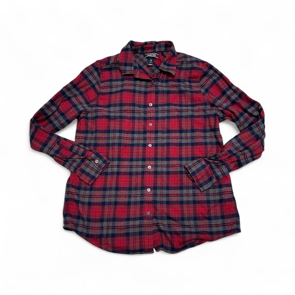 Women’s Lands End 14 Large Flannel Shirt Plaid Blue Red Long Sleeve Button - Picture 3 of 8